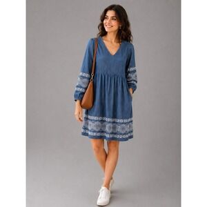 J. Jill Denim Dress Womens Size Medium Embroidered Lace Trim Babydoll Pockets